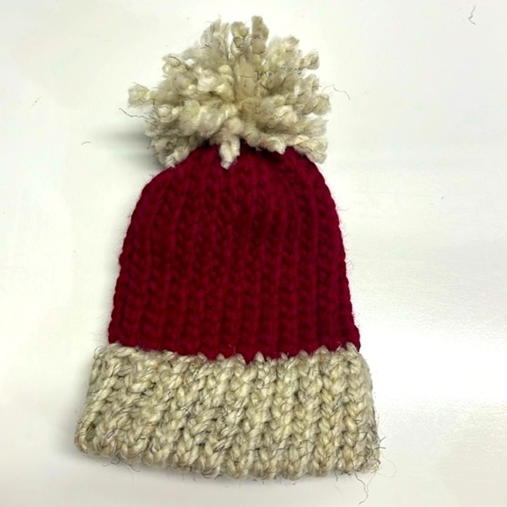 Homemade Wool and Acrylic Knitted Cranberry and Wheat Winter Hat- Infant/XSmall